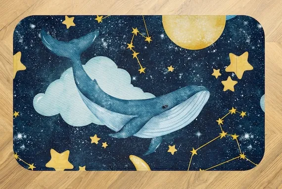 Celestial Whale Bathroom Mat, Plush Nautical Nursery Rug