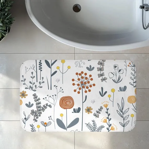 Minimalist Boho Bath Mat, Floral Print for Unique Bathroom Decor, Cottagecore Bath Mat, Boho Memory Foam Bath Mat, Soft Non-Slip Bath Rug