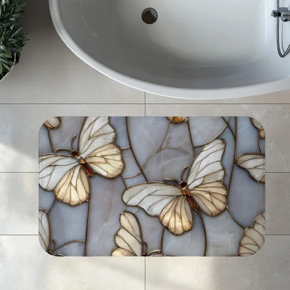 Stained Glass Butterfly Bath Mat Decor, Rug Memory Foam, Soft Non-Slip Bath Rug Plush, Artistic Mosaic Calming Art Marble Design