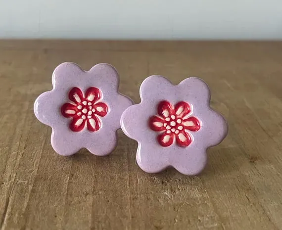Set of 2 Lavender and Red Flower Knobs, Floral Drawer Pulls, Handles, Dresser Drawer Knobs, Handmade Ceramic Knobs, Pair of Flower Knobs