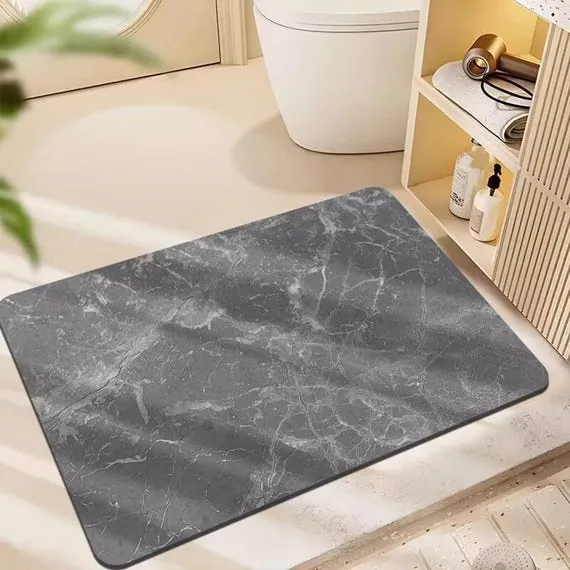 Timeless Marble Bath Mat,Gray/White/Black Stone Pattern Bathroom Rug,Absorbent Quick Dry Faux leather Floor Mat,Modern Minimalist home Decor