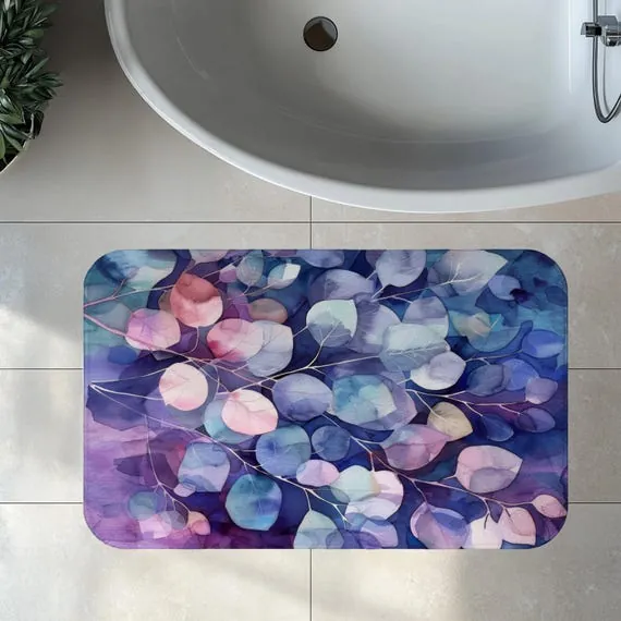 Midnight Moon Eucalyptus Bath Mat, Memory Foam Bath Rug, Bathroom Decor,  Botanical Scandinavian Watercolor, Calm New Home Gift