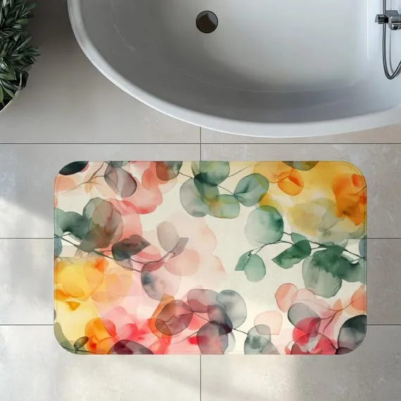 Sunset Watercolor Eucalyptus Bath Mat, Memory Foam Bath Rug, Bathroom Decor, Botanical Scandinavian Minimalist, Calm New Home Gift