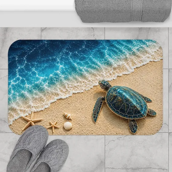 Sea Turtle Bath Mat, Coastal Bathroom Rug, Ocean Beach Bath Mat, Turquoise Nautical Bathroom Decor, Sea Life Coastal Floor Mat
