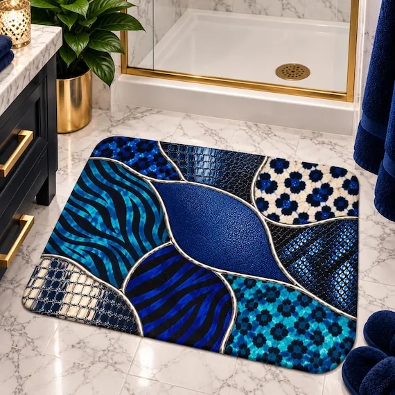 Blue Animal Print Bath Mat, Leopard Zebra Patchwork Rug, Maximalist Bathroom Decor