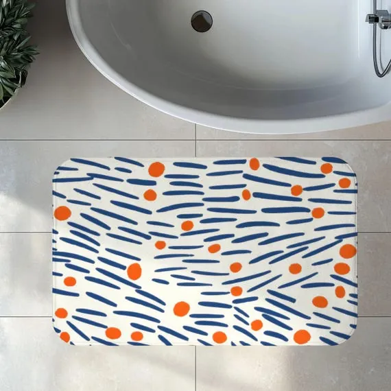 Navy Blue and Orange Abstract Brushstroke Bath Mat, Memory Foam Bath Rug, Contemporary Bathroom Decor, Gift for Art Lovers