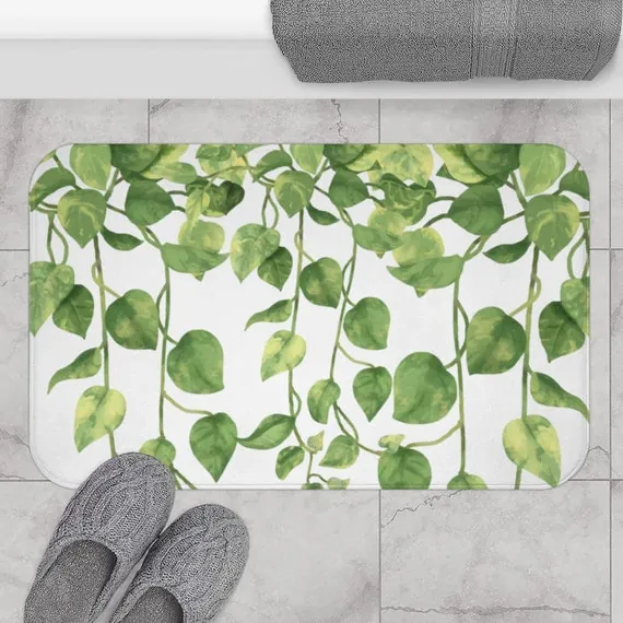 Golden Pothos Leaves Green Bath Mat, Botanical Bath Rug, Modern Minimalist Watercolor Plants Leaves Vines, Farmhouse Bathroom Decor