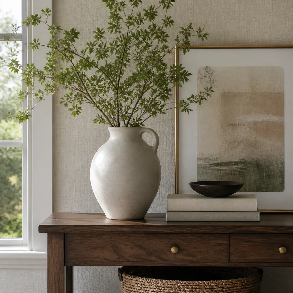 Natural wood console with handcrafted home decor
