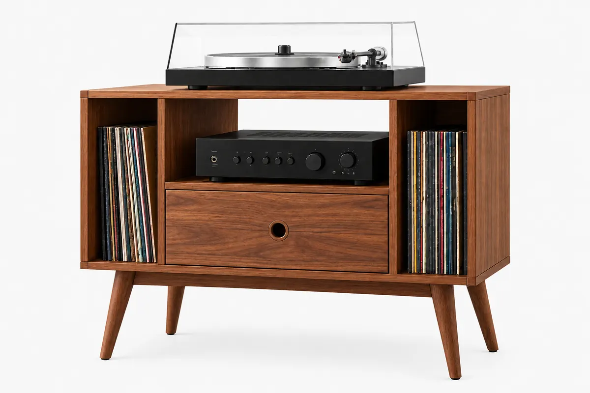Mid Century Record Player Stand, Vinyl Storage Cabinet, Custom Wood LP Shelf