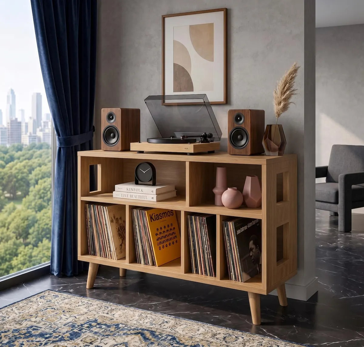 Mid Century Modern Record Player Stand with Vinyl Storage, Walnut Media Console