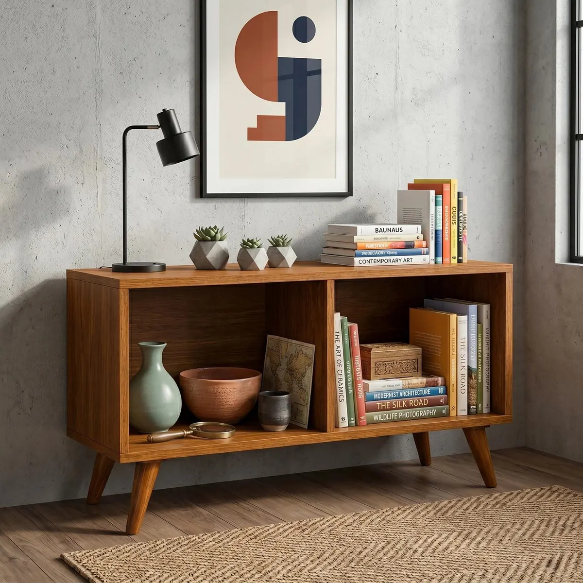 Mid Century Modern Record Player Stand with Vinyl Storage, Walnut Media Console
