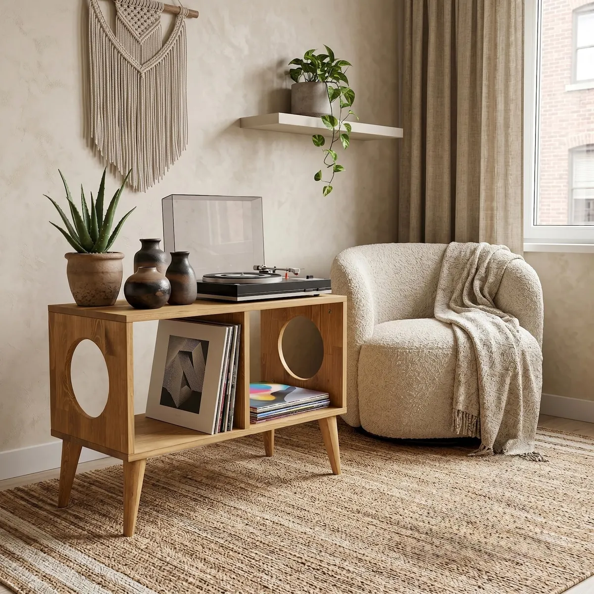 Mid Century Modern Record Player Stand, Vinyl Storage Cabinet, Media Console Table, Wooden Bookshelf