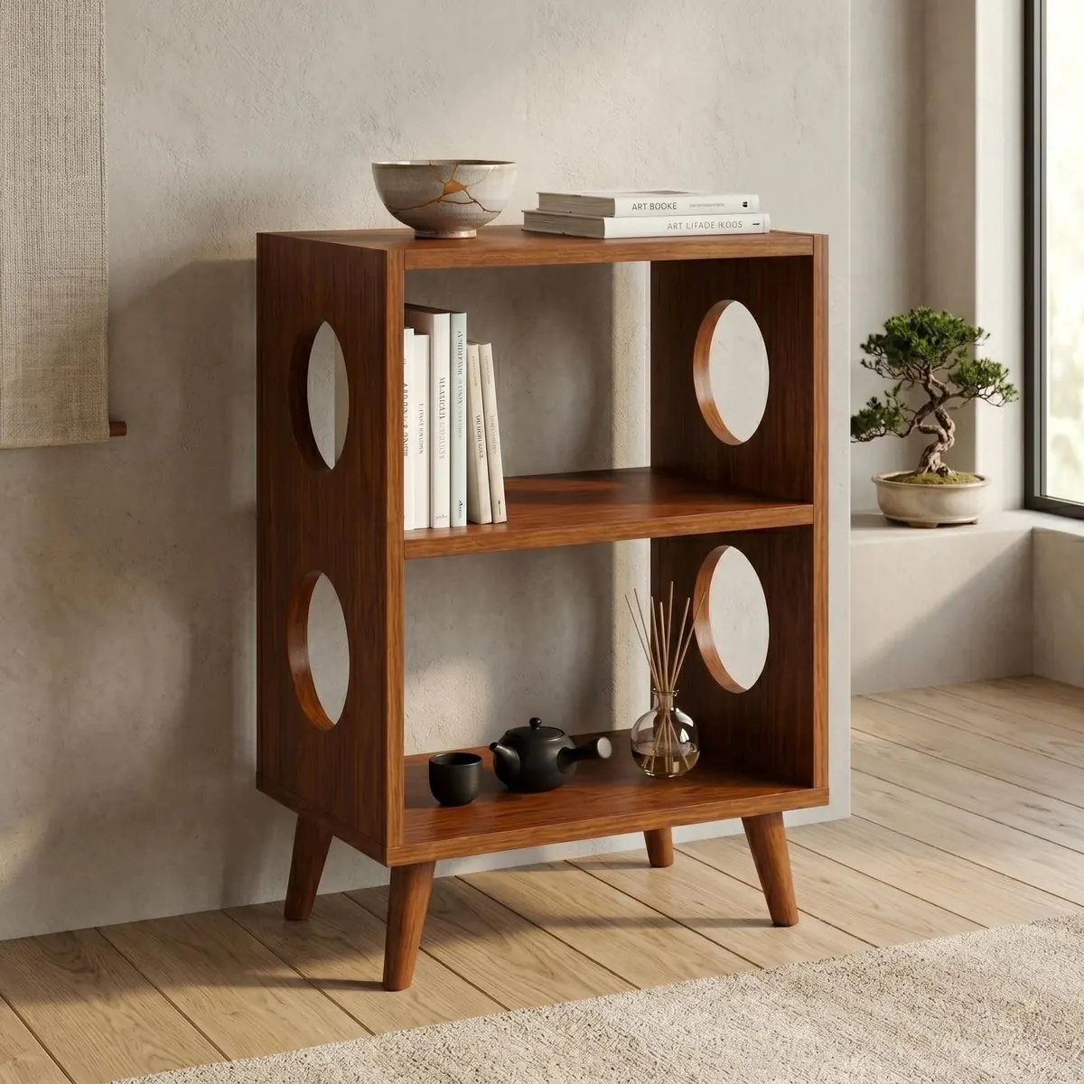 Mid Century Record Storage Cabinet, Boho Round Cutout Bookshelf, various colors
