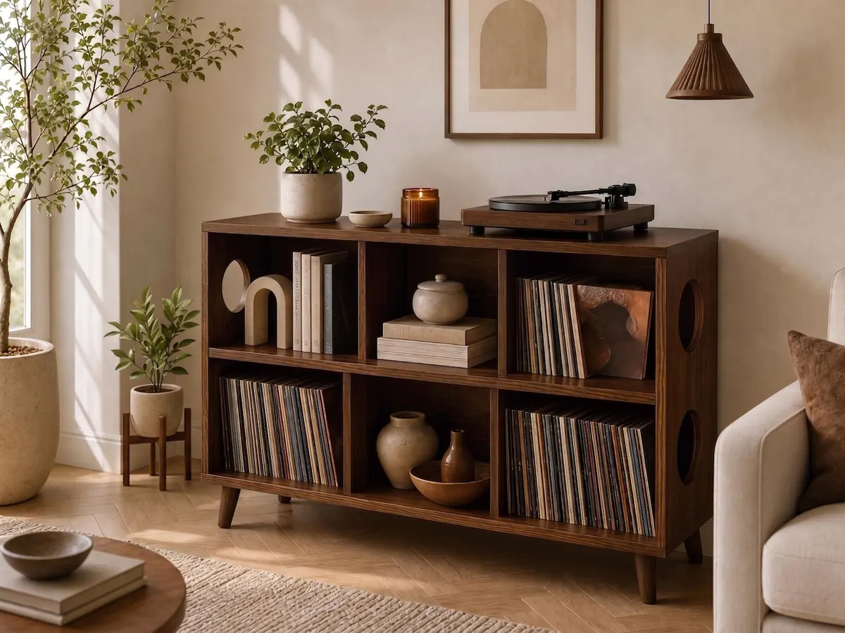 Mid Century Modern Wood Record Cabinet, Turntable Stand, LP Storage Console