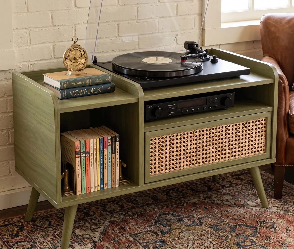 Cane Vinyl Storage Cabinet, Mid Century Record Player Stand, Boho Media Console, LP Shelf