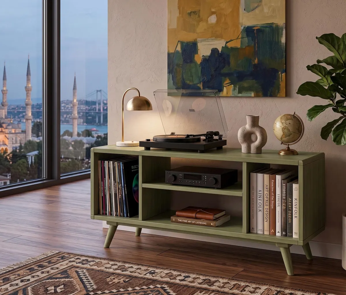 Mid Century Record Player Stand, Vinyl Storage Cabinet, Custom Wood LP Shelf