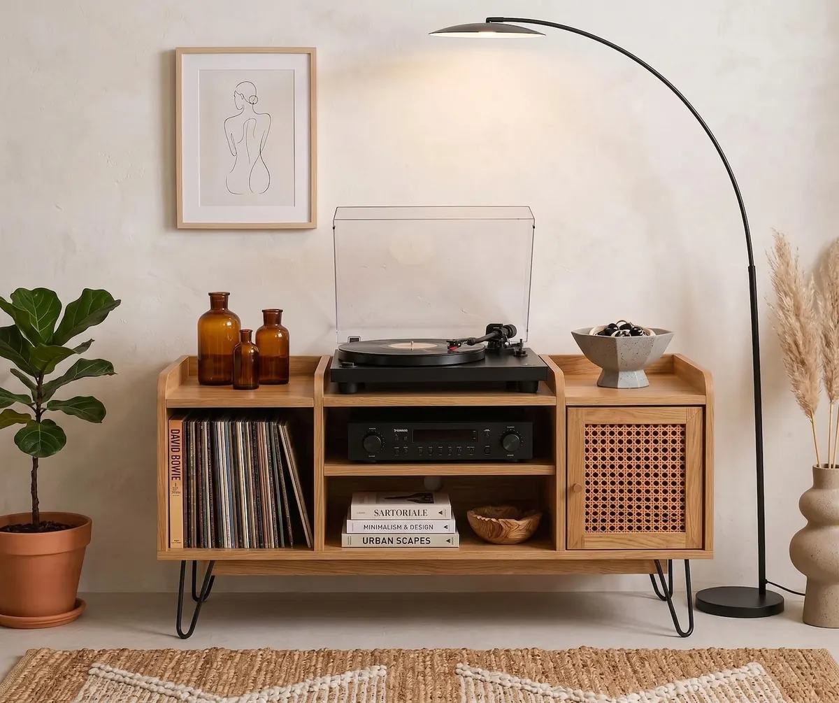 Record Player Console with Cane Door, Mid Century Boho Vinyl Storage Cabinet