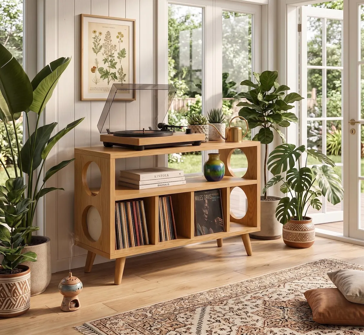 Solid Wood Turntable Stand, Mid Century Modern Record Storage Cabinet, LP Holder Furniture