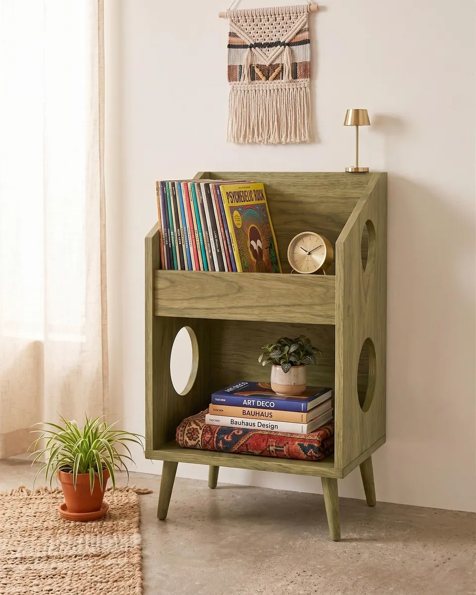 Mid Century Record Cabinet: Vinyl LP Storage Shelf, Wooden Album Organizer