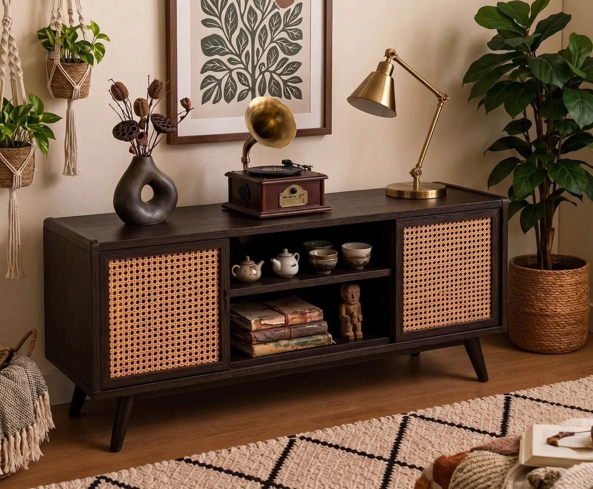 Mid Century Cane Media Console, Modern Vinyl Record Storage Cabinet