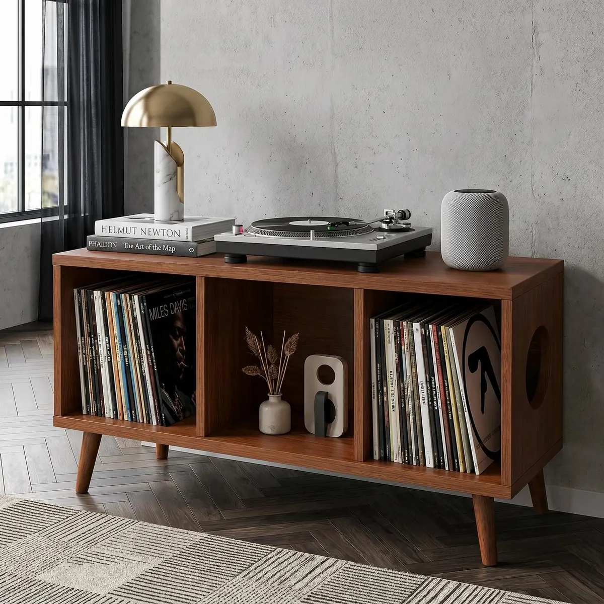 Open Record Player Stand, Mid Century Wood Vinyl Storage Console, Media Shelf, LP Cabinet