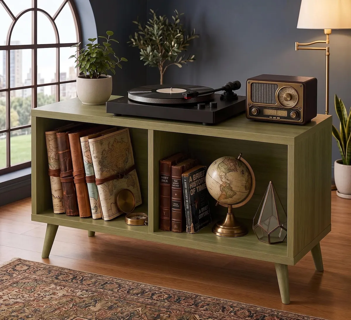 Mid Century Wood Turntable Console, Vinyl Storage Cabinet, Open LP Shelf