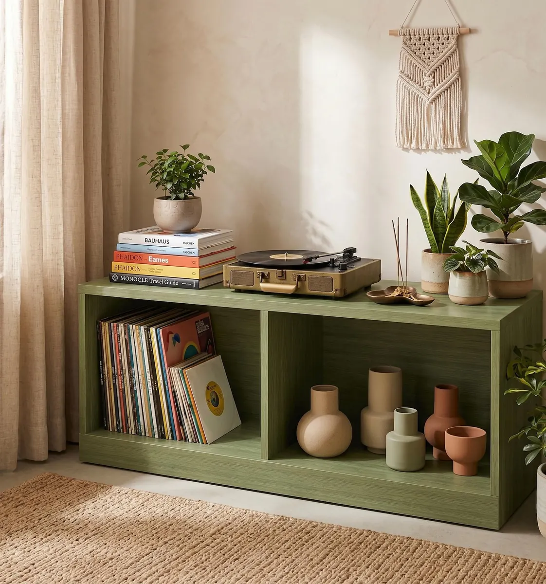 Low Record Player Stand, Vinyl Storage Cabinet, Open LP Shelf, Wood Media Console