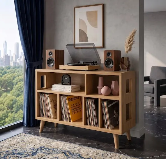 Mid Century Modern Record Player Stand with Vinyl Storage