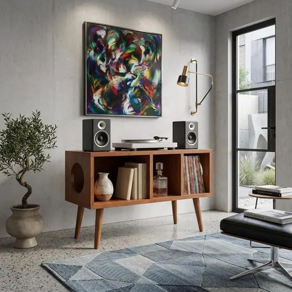Mid Century Modern Record Player Stand with Vinyl Storage Cabinet