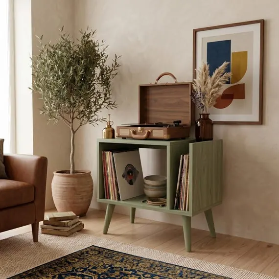 Mid Century Light Wood Record Player Stand with Vinyl Storage Cabinet