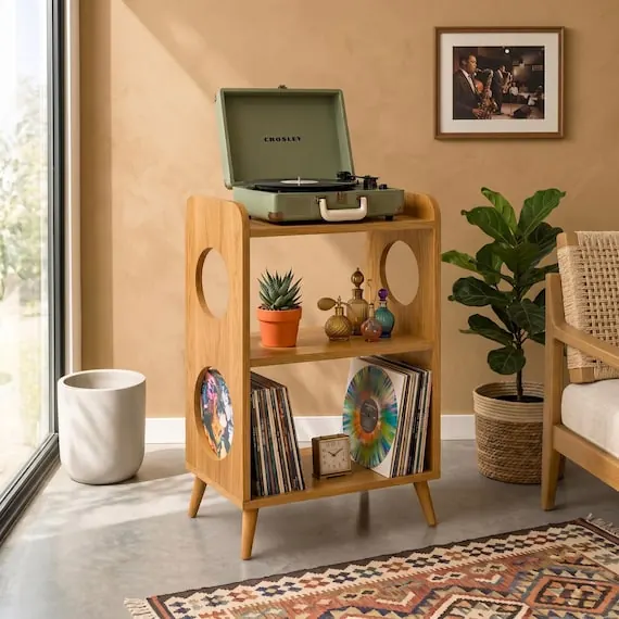 Light Wood Record Player Stand