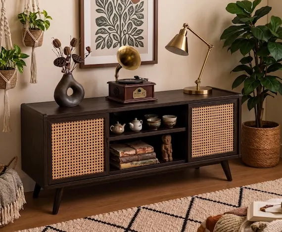 Mid Century Cane Media Console