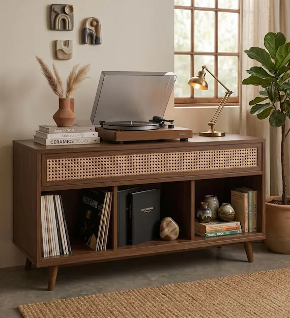 Mid Century Cane Drawer Record Player Stand